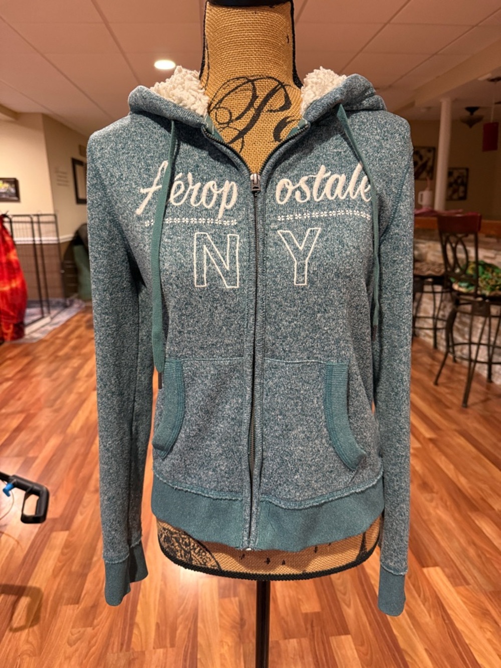 Aeropostale size medium teal and white zip up hoodie with lined hood